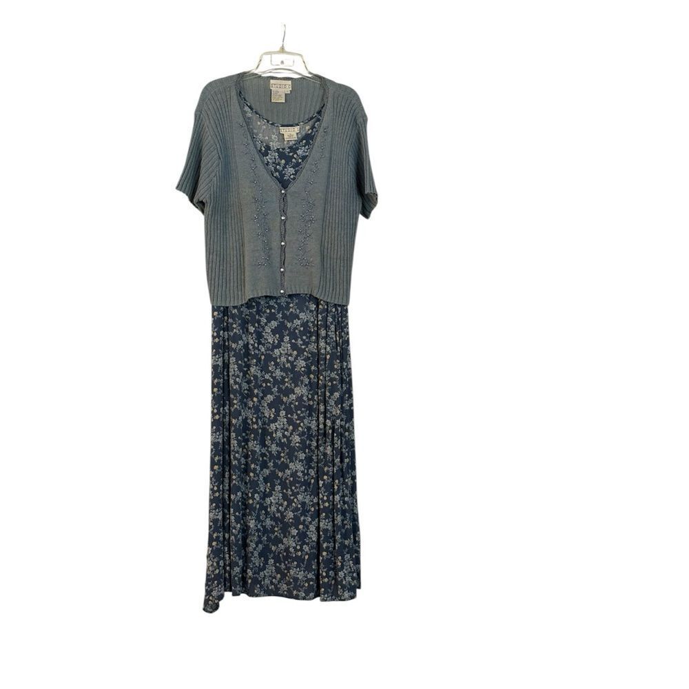 Vintage Blue and White Floral Dress with embroidered short sleeve cardigan